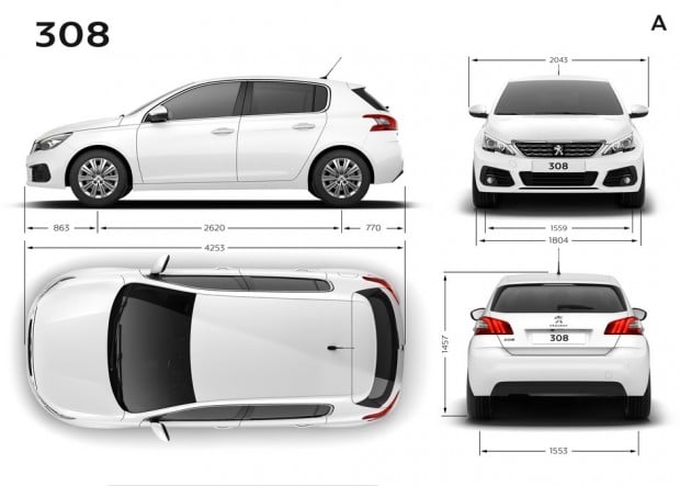 De yttre dimensionerna av Peugeot 308